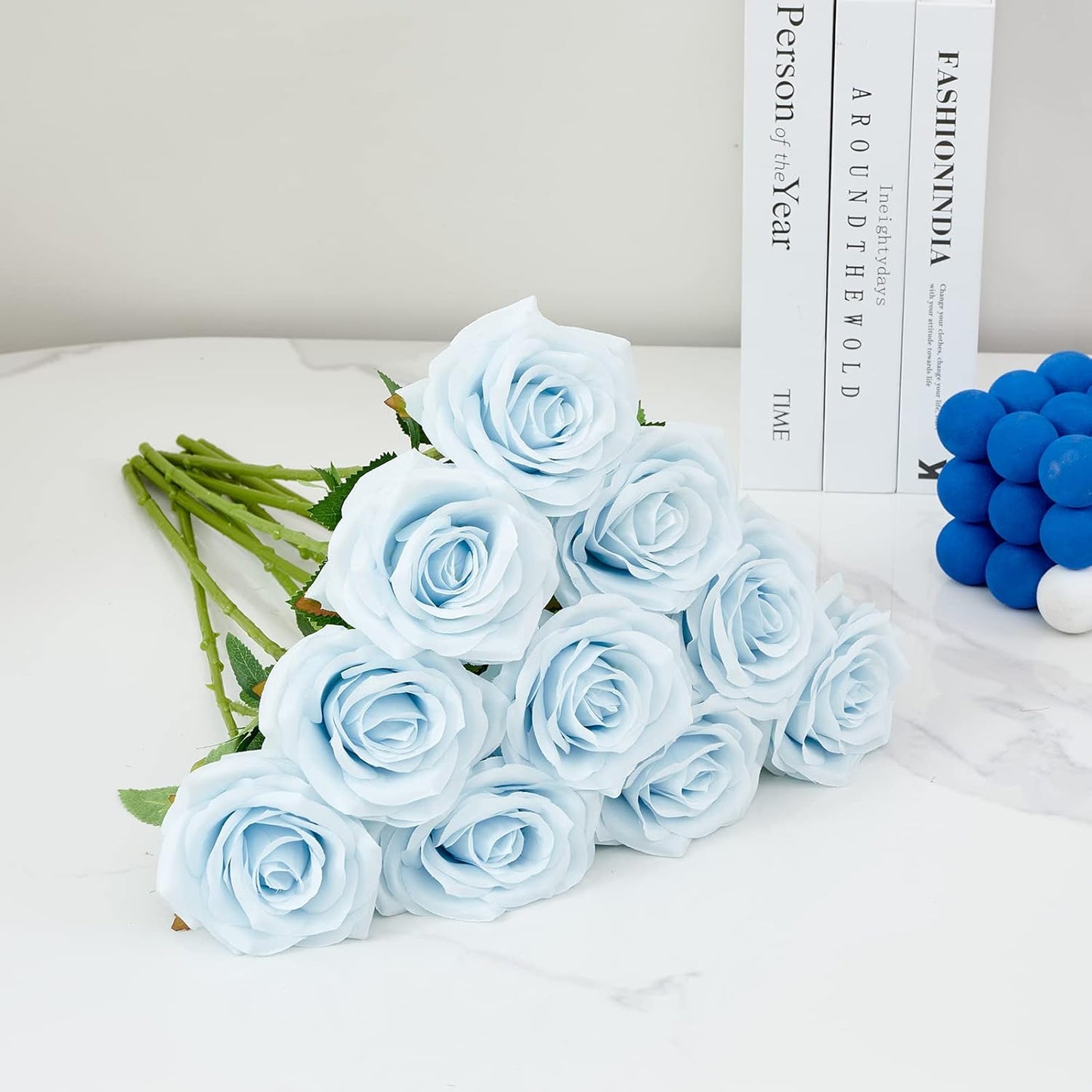 Artificial Rose 10pcs Ice Blue Open Flower Bouquet Faux Rose Stems for Wedding Arrangement, Bridal Bouquet, Centerpiece, Fake Faux Silk Flowers (Ice Blue)