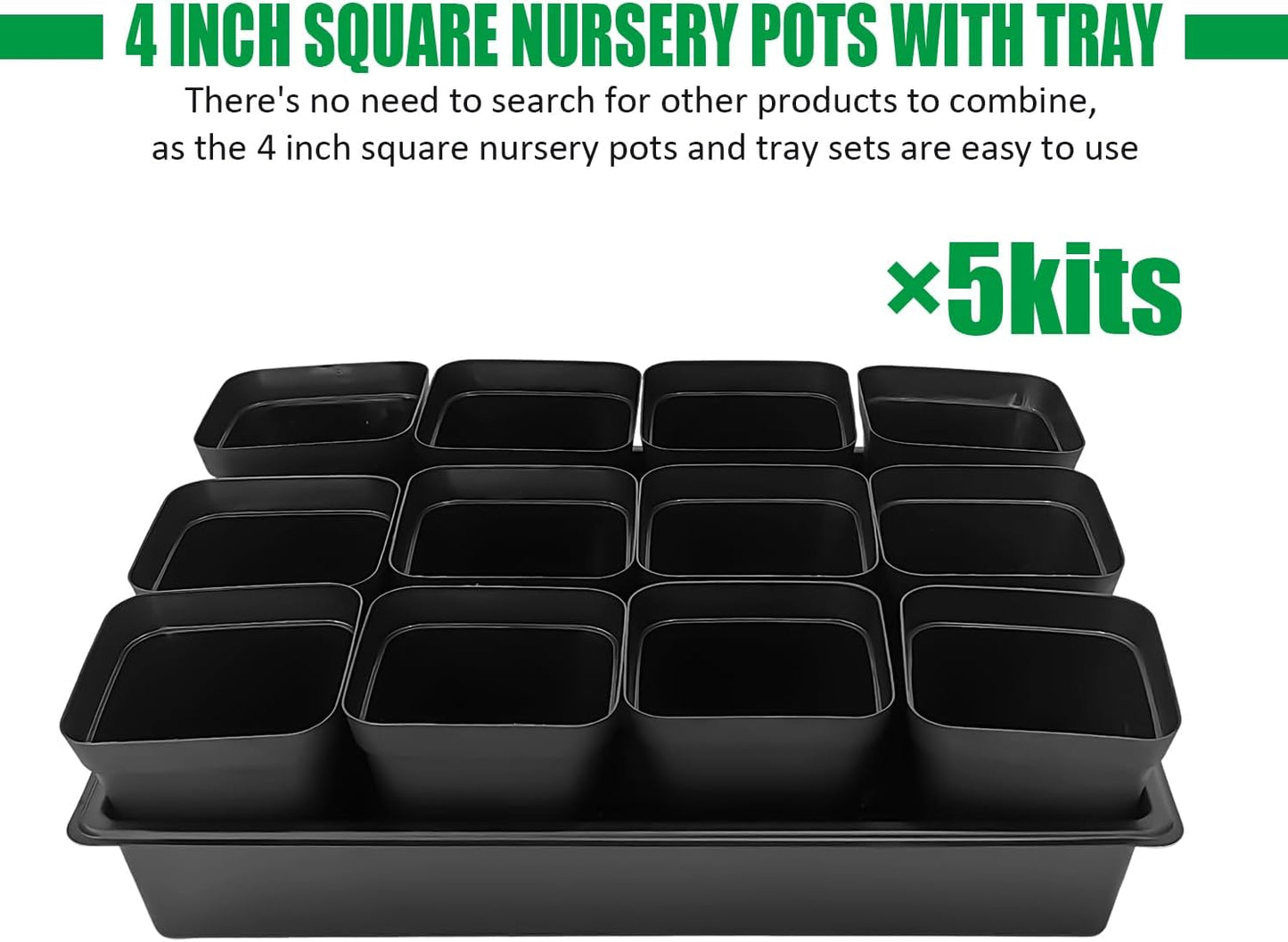 4 inch (10CM) Square Nursery Pots 60pcs, Sturdy Seedlings Trays 5 Pcs, Seeds Starter Germination Tray, Microgreening Planter Nursery Propagation 5 Sets