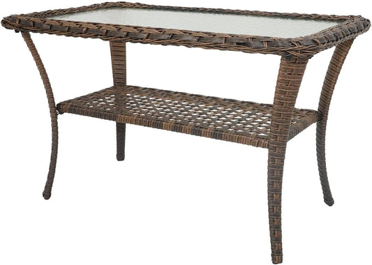 38 Inch Outdoor Coffee Table with 2 Tier Storage - Wicker Coffee Table with Water Ripple Texture Tempered Glass Top, All Weather Patio Coffee Table for Deck Porch Balcony Garden Brown