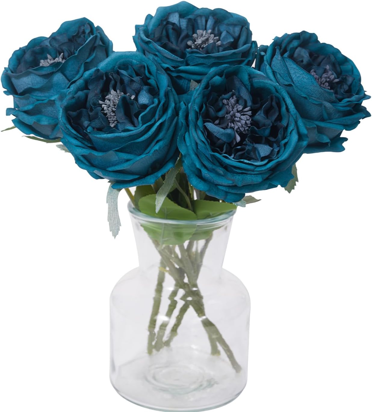 DuHouse 5Pcs Silk Roses Fake White Roses with Stems Real Touch Rose Artificial Flowers for Arrangement Wedding Party Home Decoration(Peacock Blue)