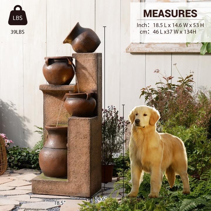 53" H Patio Water Fountain-The 4 Cascading Modern Feature Crocks Garden Fountains and Waterfalls with Warm Lights for Porch, Deck, Patio, Backyard Home Décor (Gold)