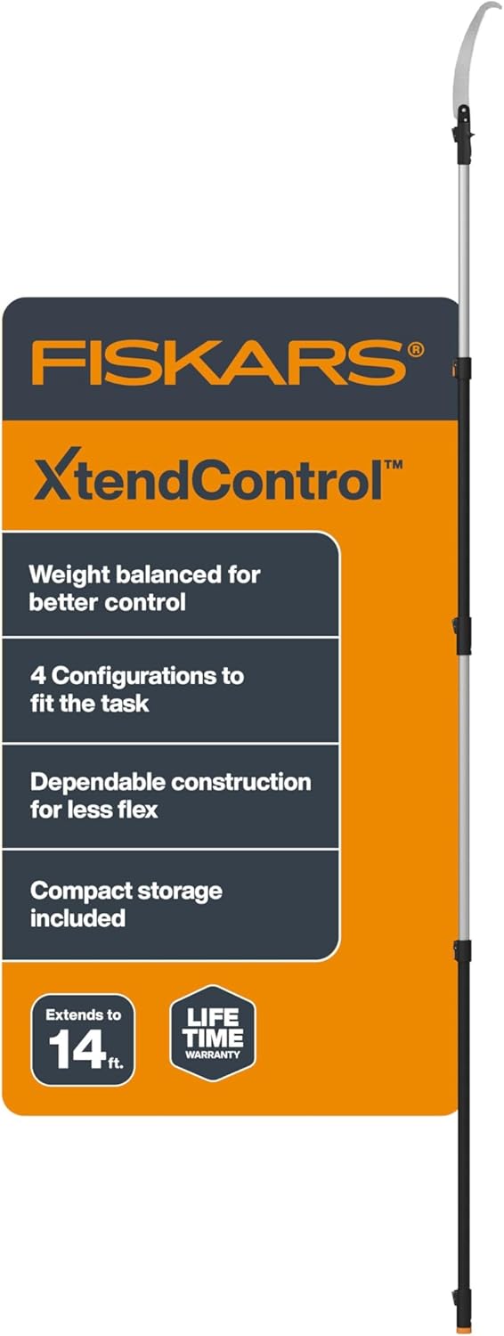 Fiskars XtendControl Extendable Tree Pruner (14 ft), Adjustable Branch Trimmer with 15" X2 Hook Bill Saw, 3-6 ft & 4-8 ft Extension Poles, and Secure Locking System for Precision Cutting