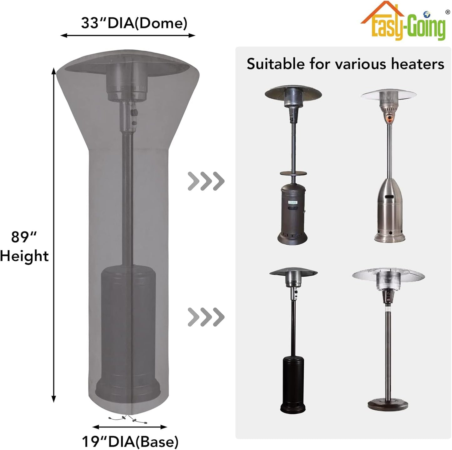 Easy-Going Patio Heater Cover with Zipper and Storage Bag, Waterproof Outdoor Heater Cover Dustproof, UV-Resisant, Wind-Resistant (89" H x 33" D x 19" B, Grey)