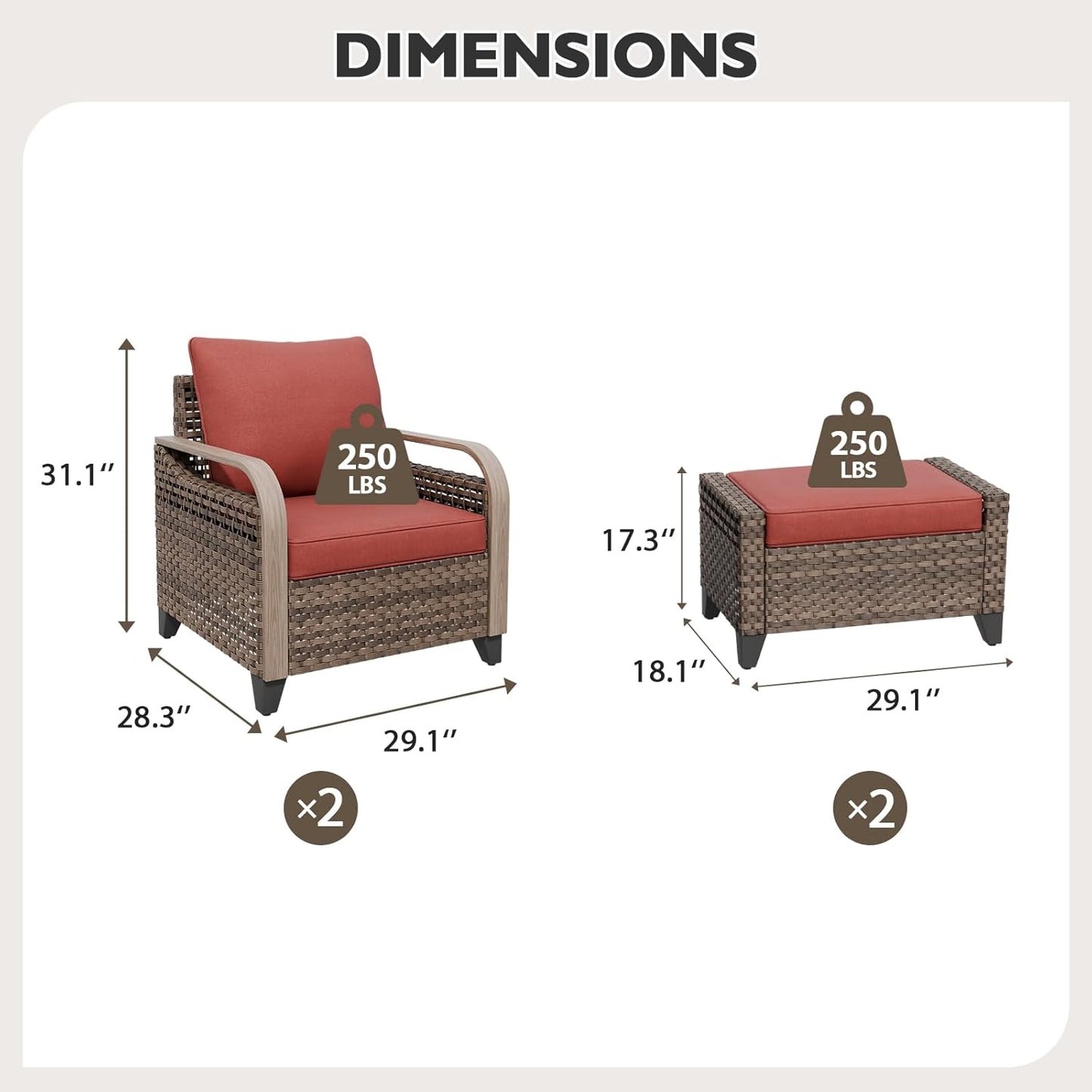 EAGLE PEAK Modern Wicker Outdoor Chair, Patio Chair Curved Armrest, Rattan Patio Furniture for Yard Deck Porch Garden, 2 Chairs 2 Ottomans, 4 Pieces, Brown/Red