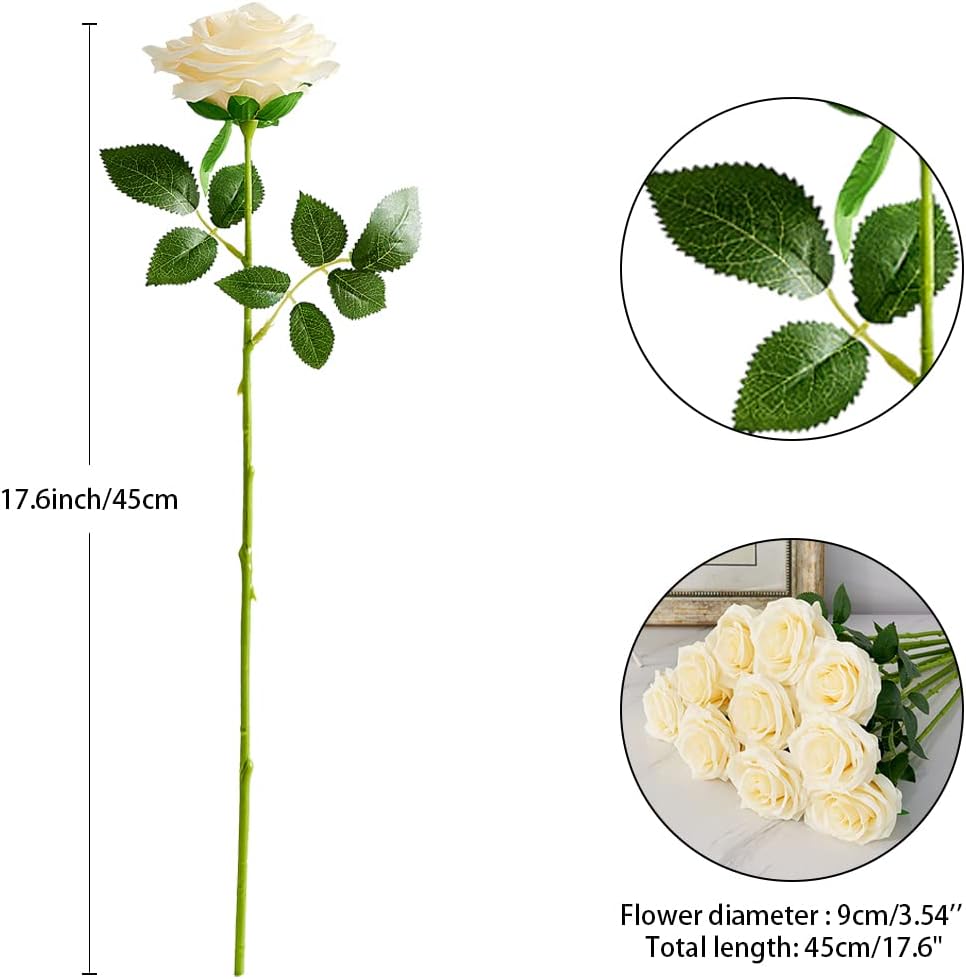 Artificial Rose 10pcs Open Flower Bouquet Faux Rose Stems for Wedding Arrangement, Bridal Bouquet, Centerpiece, Fake Faux Silk Flowers (Ivory)