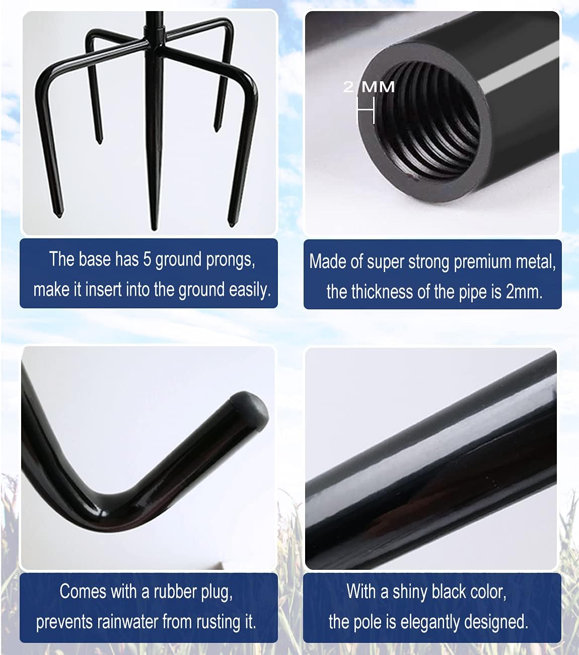 Shepherds Hook for Outdoor Bird Feeders Pole 76 Inch Tall, Adjustable Heavy Duty Garden Hanger Stake Pole with 5 Prong Base, Shiny Black (2 Packs)