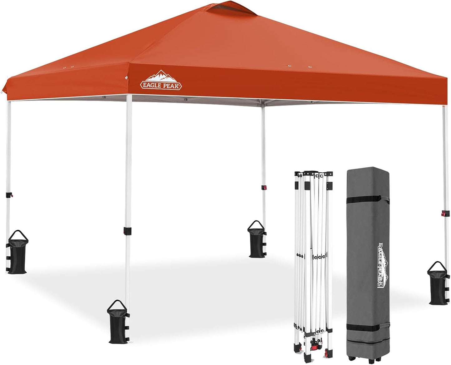 EAGLE PEAK Pop Up Canopy Tent with Wheeled Carry Bag, 8 Stakes, 4 Ropes, 4 Weight Bags, Easy Set Up Tent Canopy, 10x10 ft, 100sqft of Shade, Brick Red