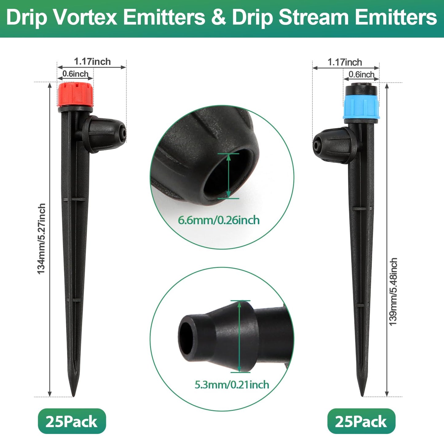 50 Pieces Drip Emitters for 1/4" Drip Irrigation Tubing, 25 Pcs Vortex Emitters and 25 Pcs Stream Emitters Adjustable 360 Degree Full Circle Drip Emitters with Stake
