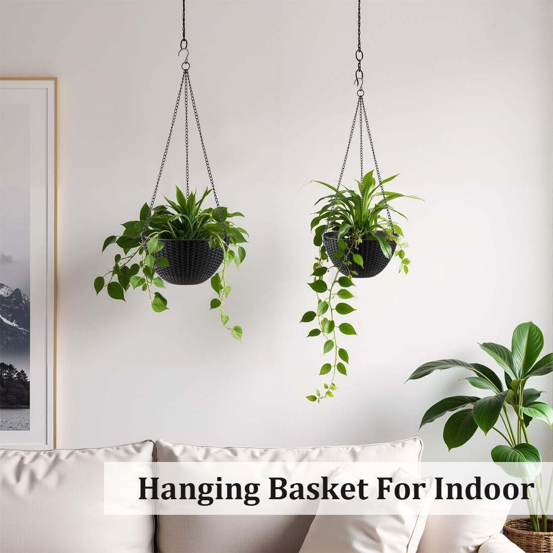Hanging Planters for Indoor Outdoor Plants 8 and 10 Inch, 4 Packs Plant Hanger with Drainage Holes, Hanging Basket Flower Pot Perfect for Home, Office and Garden, Black
