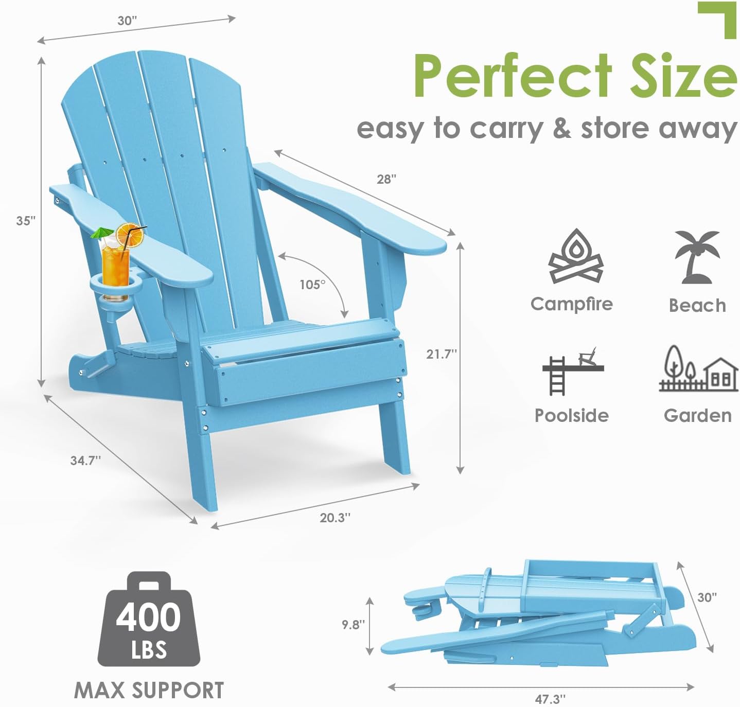 GREENVINES Folding-Adirondack-Chairs-Set-of-4 | HDPE Plastic | Fire Pit Chair | All Weather | Cup Holder | Arctic | for Deck Backyard Patio Outdoor Garden