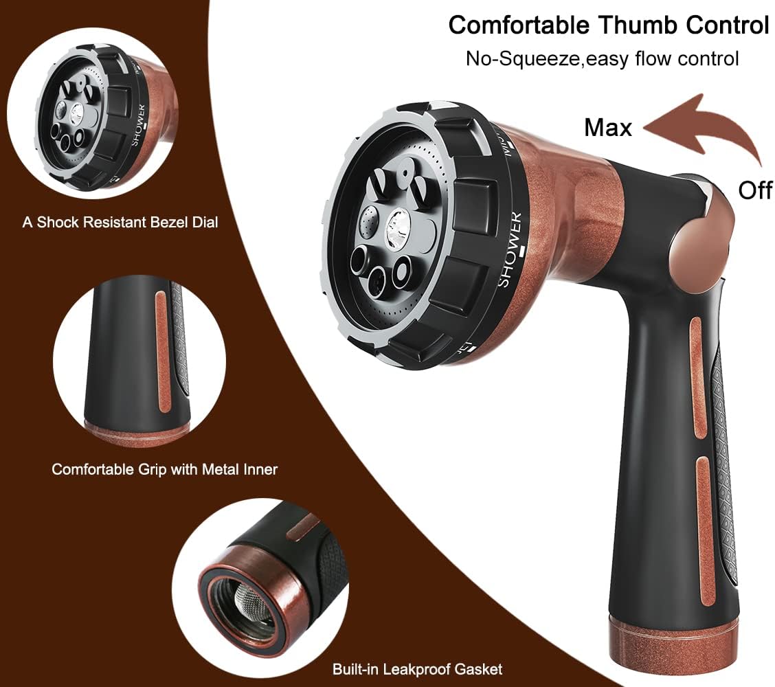 FANHAO Garden Hose Nozzle, 100% Heavy Duty Metal Water Hose Sprayer with 8 Spray Patterns, High Pressure Water Nozzle with Thumb Control, On Off Valve for Watering Plants, Washing Cars & Pets, Brown