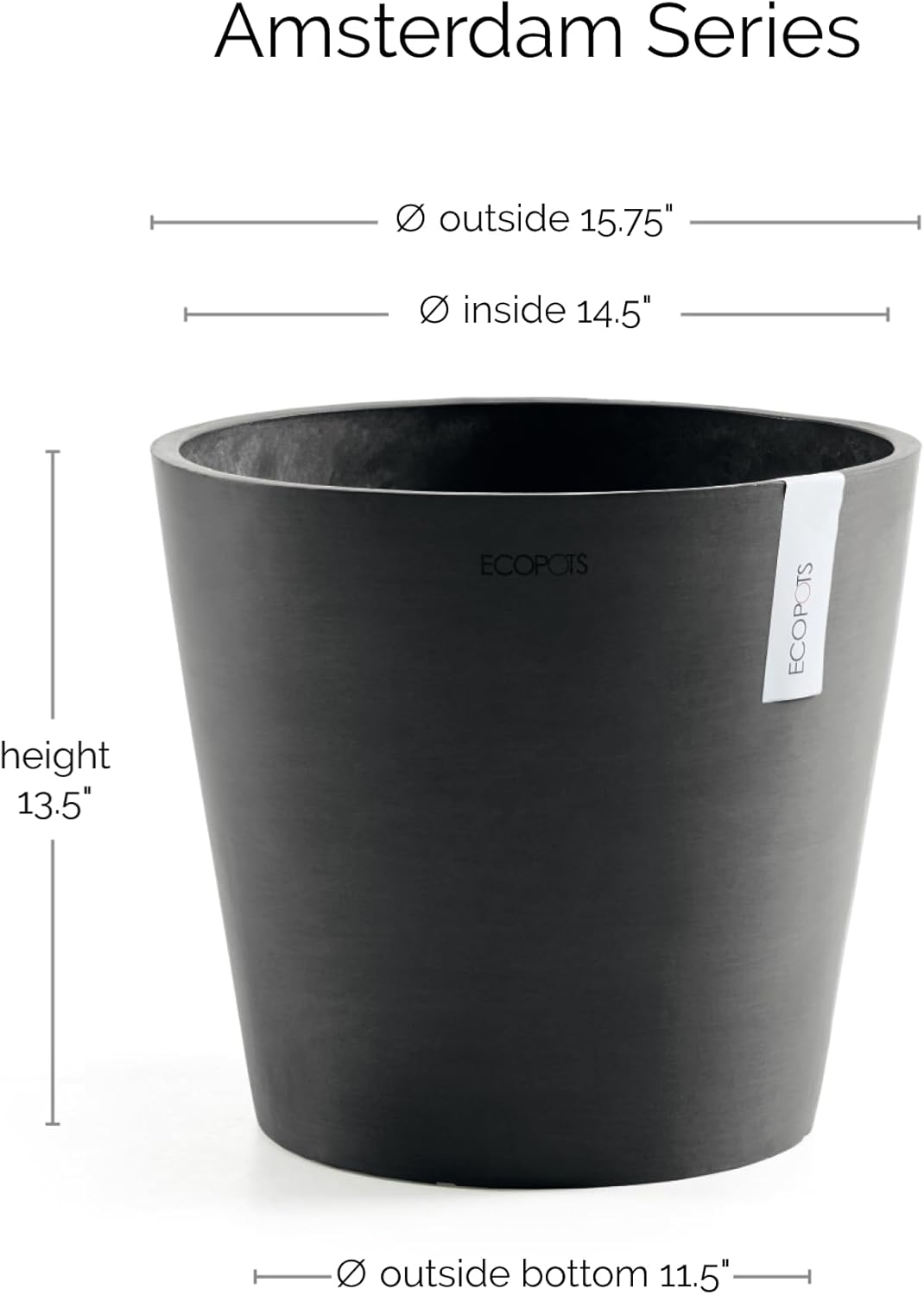 Ecopots Amsterdam Durable Modern Round Indoor/Outdoor Recycled-Based Composite Flower Pot Planter, Dark Grey, 16"