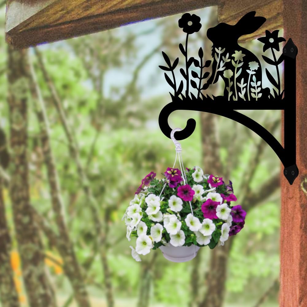 Peacoblue Iron Plant Hangers Hooks for Outdoor Indoor Hanging Plants Flower Fern Pots, Lantern, Bird Feeder, Wind Chimes, 12”x14” Weather Resistant Metal Wall Holder for Porch Garden Farmhouse(Rabbit)