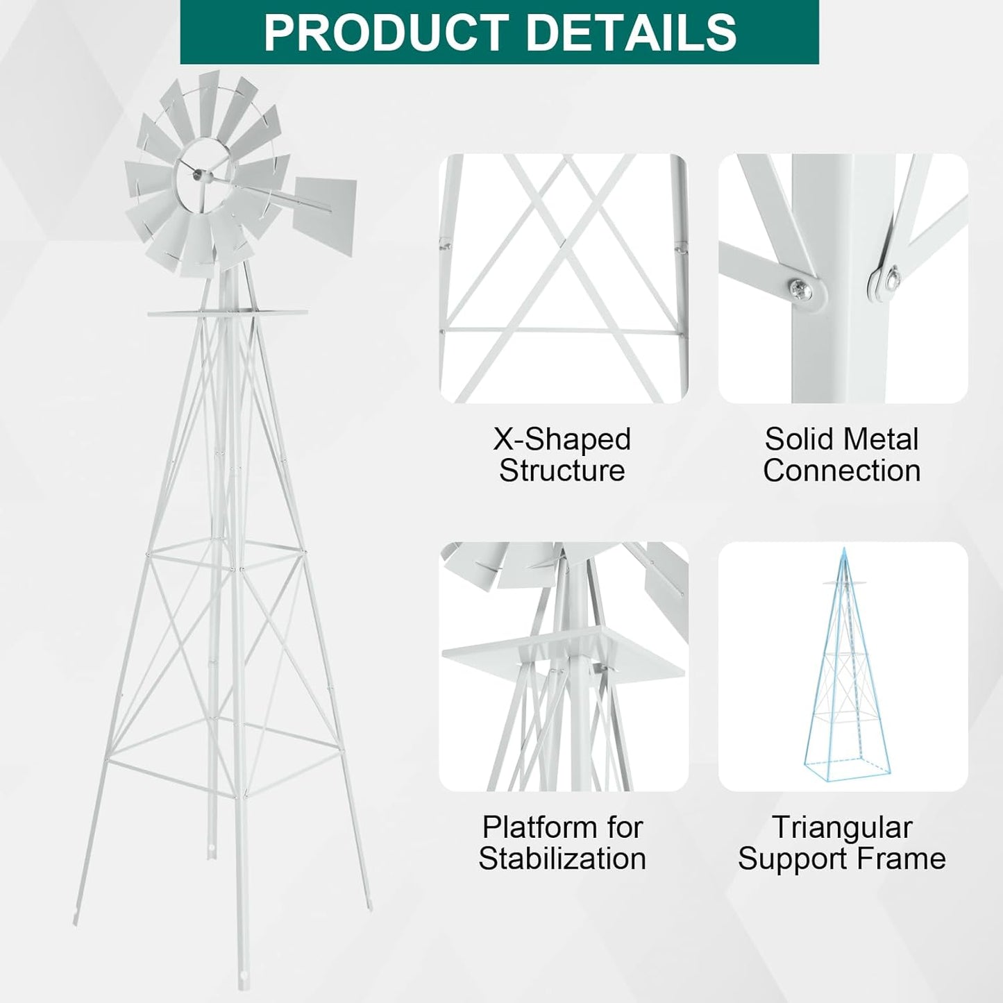 8FT Garden Windmill, Heavy Duty Metal Weather Vane, Yard Ornamental Wind Spinner, Wind Mill Decoration for Backyard Weather Resistant (White, 8ft)