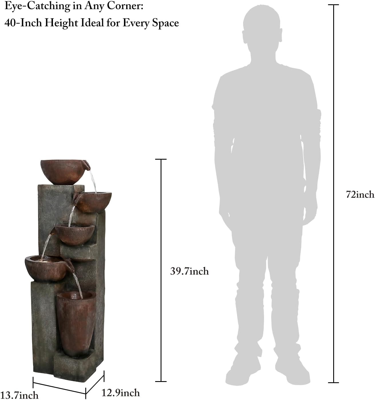 Naturefalls 39.7in.Modern Outdoor Fountain -5-Tier Resin Water Feature, Indoor Outdoor Garden Waterfall Fountain with Contemporary Design&LED Lights for Patio, Yard, Deck, House, Office, Home Decor