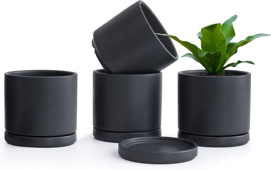 D'vine Dev Set of 4 Small Ceramic Plant Pots, 4.6 Inch Succulent Planter Pot for Plants with Drainage Hole and Saucer, Black, 94-X-B-2