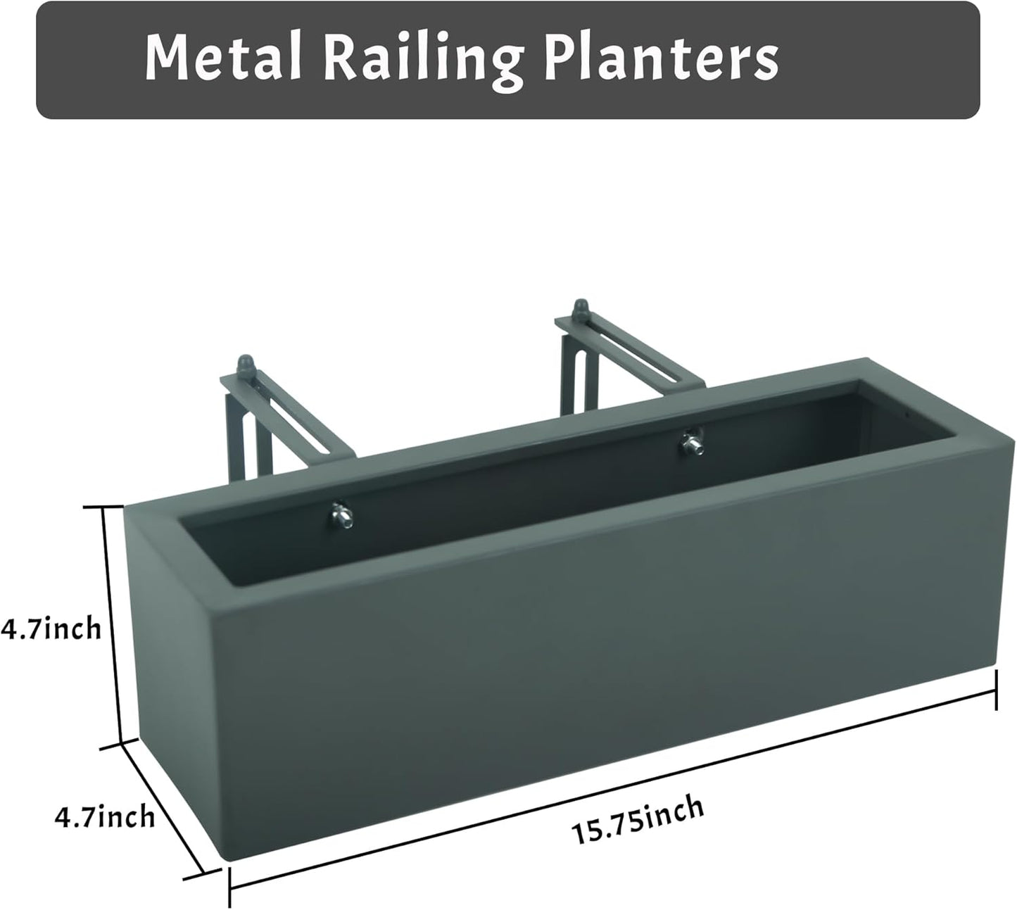 15 INCH Metal Railing Planter Boxes - Hanging Planter for Outdoor Balcony Fence, Durable All-Weather Use with Adjustable Brackets, Modern Décor for Flowers, Succulents, Hanging Plants, Grey