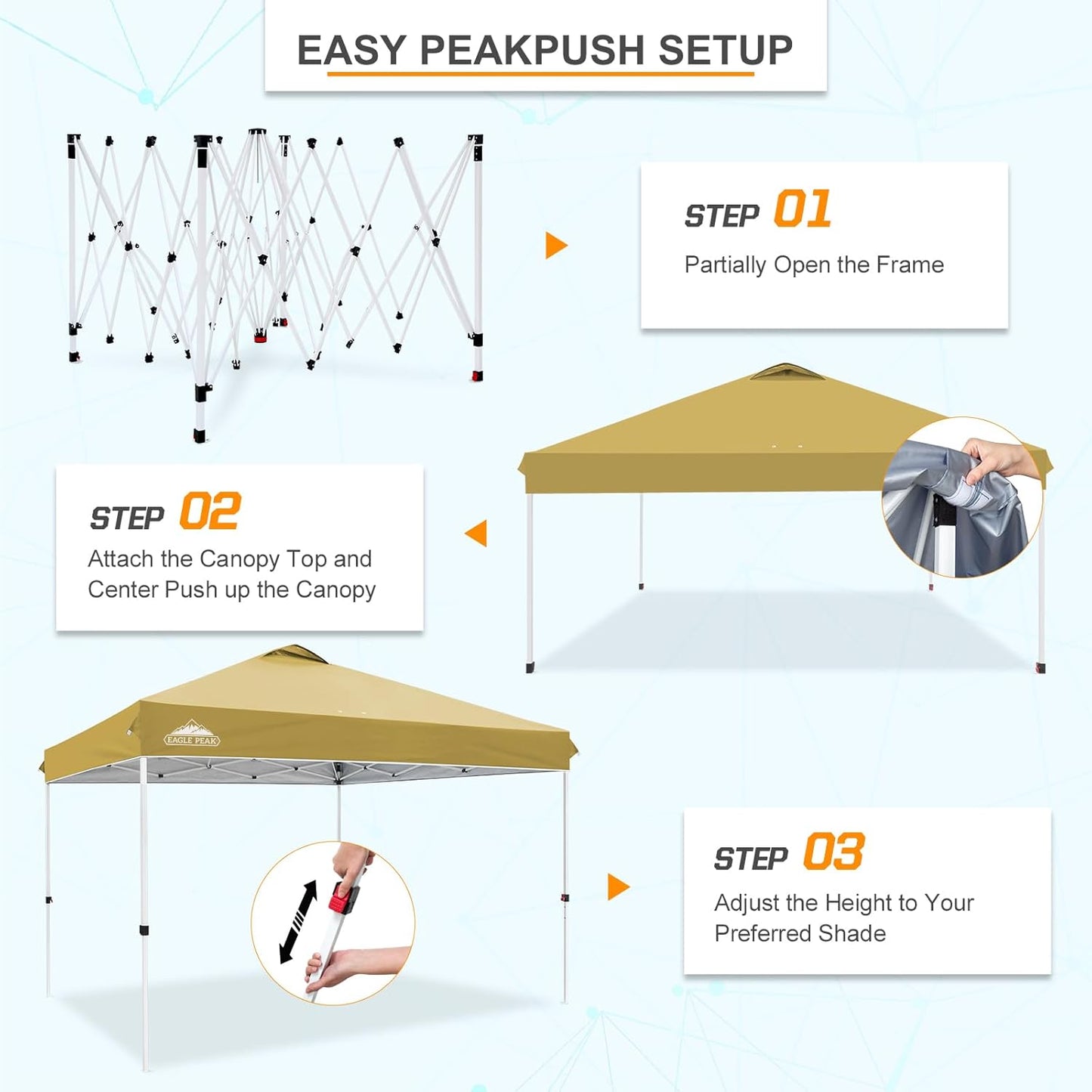 EAGLE PEAK Pop Up Canopy Tent with Wheeled Carry Bag, 8 Stakes, 4 Ropes, 4 Weight Bags, Easy Set Up Tent Canopy, 12x12 ft, 144sqft of Shade, Beige