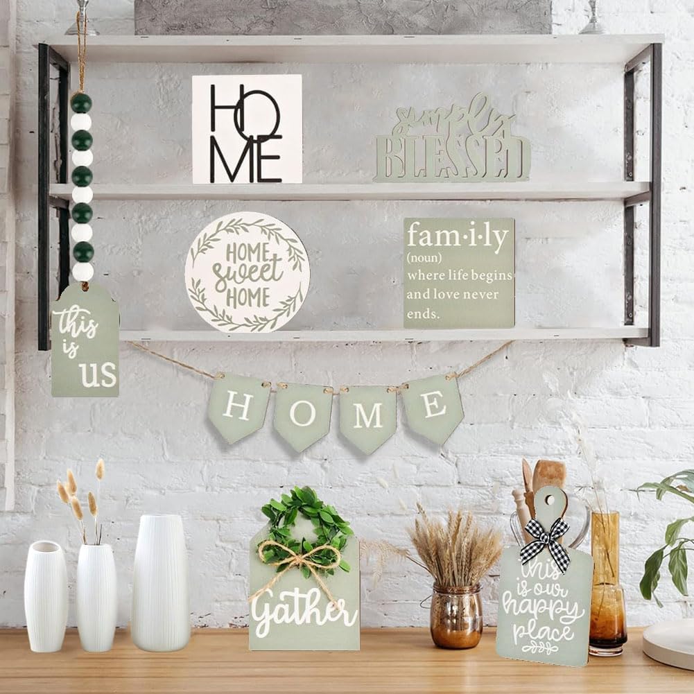 11PCS Farmhouse Tiered Tray Decor Set – Rustic Wooden Mini Signs and Decorations for Home and Kitchen Display (Tiered Tray Not Included)