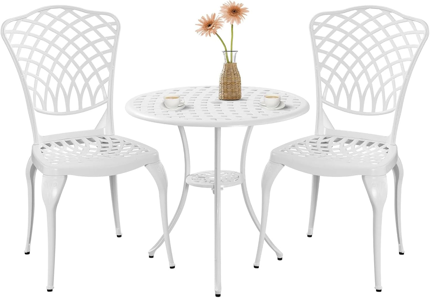 3 Piece Outdoor Bistro Set, Cast Aluminum Outdoor Bistro Table and Chairs Set of 2, Rust-Resistant Patio Furniture Set, White Bistro Set 3 Piece Outdoor for Garden, Backyard, Balcony