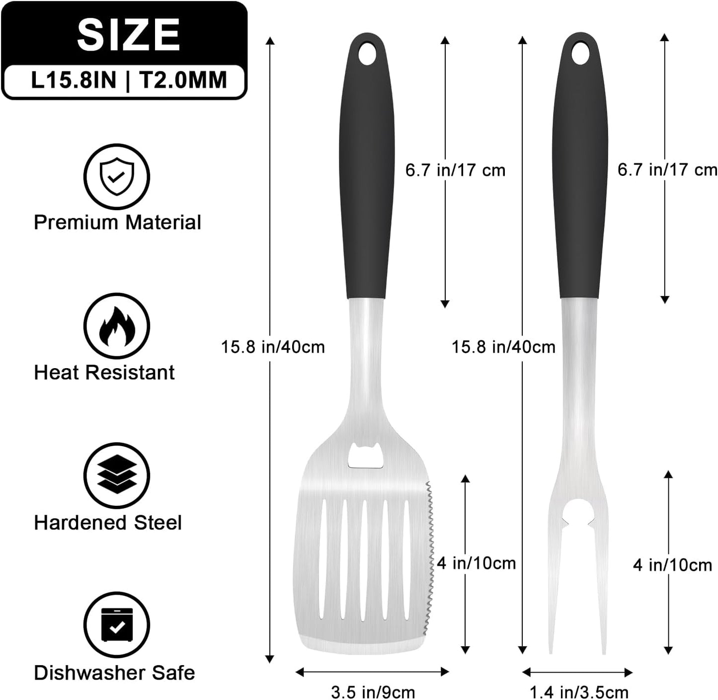 Grill Tools BBQ Accessories Set of 2, 15.8'' Heavy Duty Stainless Steel Grill Utensils with Grill Spatula and Fork, Full Tang Silicone Handle, Outdoor Grilling Tools Barbecue Accessories