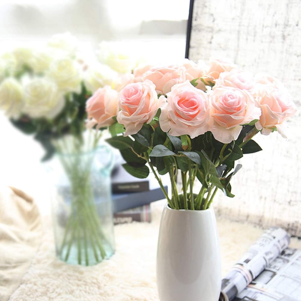 AMZALI 10PCS Artificial Flowers, Silk Artificial Rose Flowers Real Looking Blush Flower Home Decorations for Bridal Wedding Bouquet, Birthday Flowers Bunch Hotel Party Garden Floral Decor (Pink)