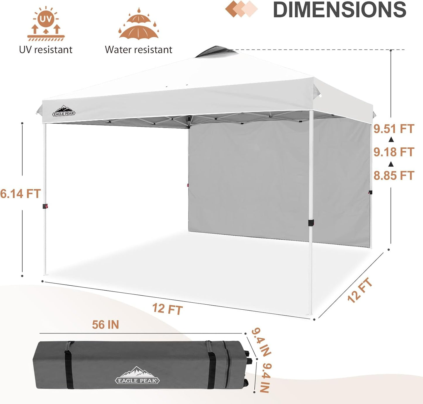 EAGLE PEAK Pop Up Canopy Tent with 1 Sidewall, Easy Setup Event Tent, Outdoor Sun Shade, Wheeled Carry Bag, Stakes and Guy Ropes, Instant Canopy 12x12, White