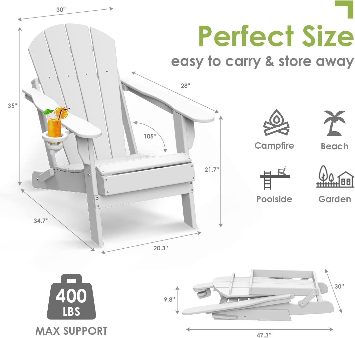GREENVINES Folding-Adirondack-Chair | HDPE Plastic | Fire Pit Chairs | All Weather | Cup Holder | White | for Deck Backyard Patio Outdoor Garden