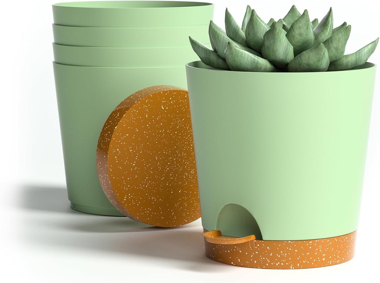 4 inch Small Plant Pots for Outdoor Indoor Plants, 5 Pack Planters with Drainage Holes and Tray, Small Self Watering Pots for Succulent,Cactus, Aloe and Other Plants (Green)