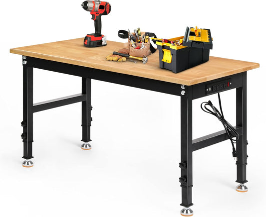 Adjustable Height Workbench, 48" Rubber Wood Top Heavy Duty Workstation with Power Outlets, 2000 LBS Load Capacity Hardwood Worktable for Workshop, Garage, Office, Home, Commercial