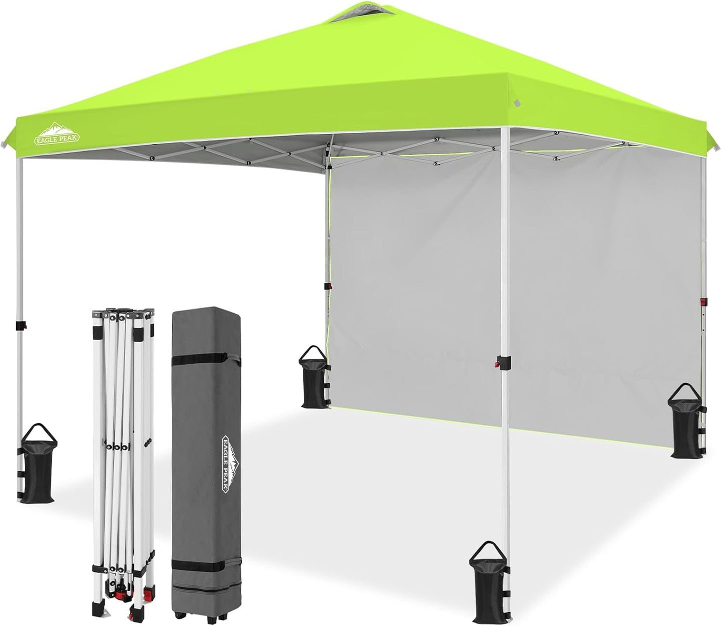 EAGLE PEAK Pop Up Canopy Tent with 1 Sidewall, Easy Setup Event Tent, Outdoor Sun Shade, Wheeled Carry Bag, Stakes and Guy Ropes, Instant Canopy 10x10, Neon Green