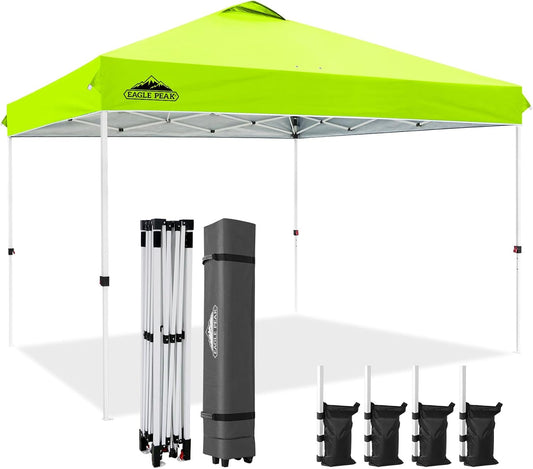 EAGLE PEAK Pop Up Canopy Tent with Wheeled Carry Bag, 8 Stakes, 4 Ropes, 4 Weight Bags, Easy Set Up Tent Canopy, 12x12 ft, 144sqft of Shade, Neon Green