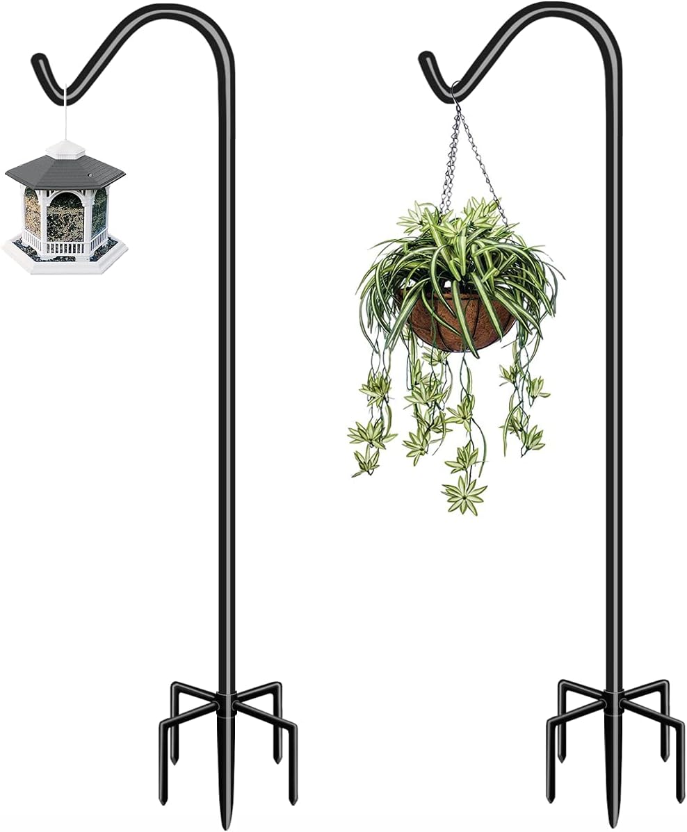 Garbuildman 60 Inch Tall Shepherd Hooks with 5-Forked Base, Adjustable Heavy Duty Bird Feeder Pole Stand Hanger for Outdoor, Shiny Black, 2 Pack