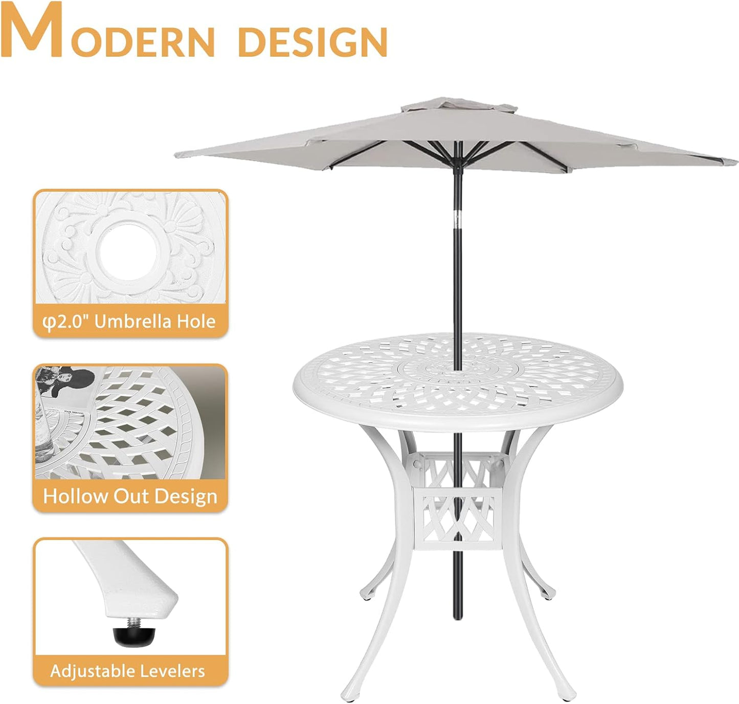 3-Piece Outdoor Patio Dining Set, All-Weather Cast Aluminum Patio Furniture Set for Backyard Garden Deck with 2 Cushioned Chairs and 31” Round Table, 2" Umbrella Hole, White