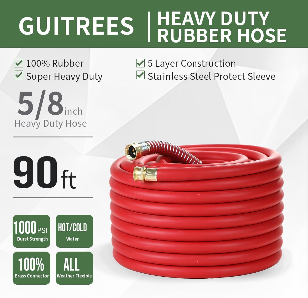 90FT 5/8 Heavy Duty Rubber Garden Hose - 200psi Working, 1000psi Burst - Hot/Cold Water - Five-Layered Braiding for Durability - Versatile for Gardening, Agriculture, Construction(Red)