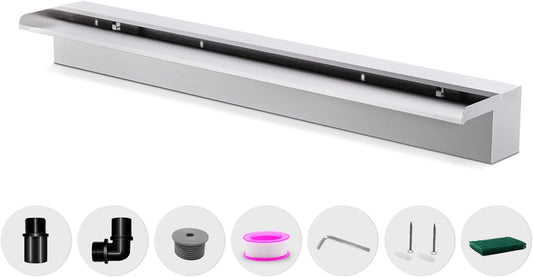 Waterfall Pool Fountain LONGRUNNEW 304 Stainless Steel 35.4" Rectangular Waterfall Spillway, Water Fall Fountain with Pipe Connector for Garden Outdoor, Swimming Pools, Fountains, Pond and Spa