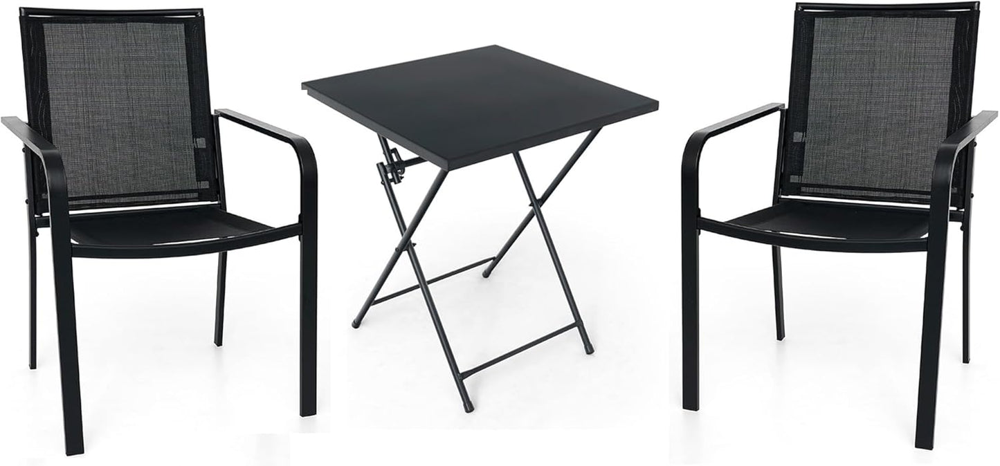 3-Piece Outdoor Bistro Set, 23.5 Folding Table and 2 Stackable Mesh Chairs, Black