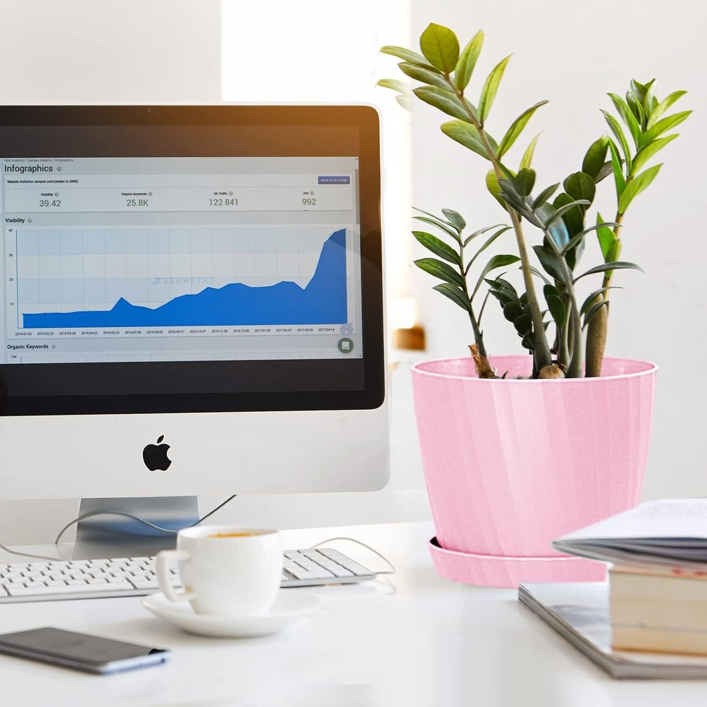 7 Inch Plant Pots Bulk, 6 Pack Plastic Planters with Drainage Holes and Saucers for Indoor Outdoor House Plants and Flowers, Colorful