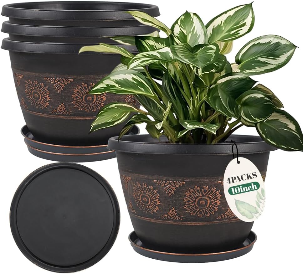 4 Pack 10 inch Plant Pots, Retro Pattern Planters with Drainage Holes and Saucer, Sturdy Plastic Garden Flower Pots for Indoor & Outdoor Plants