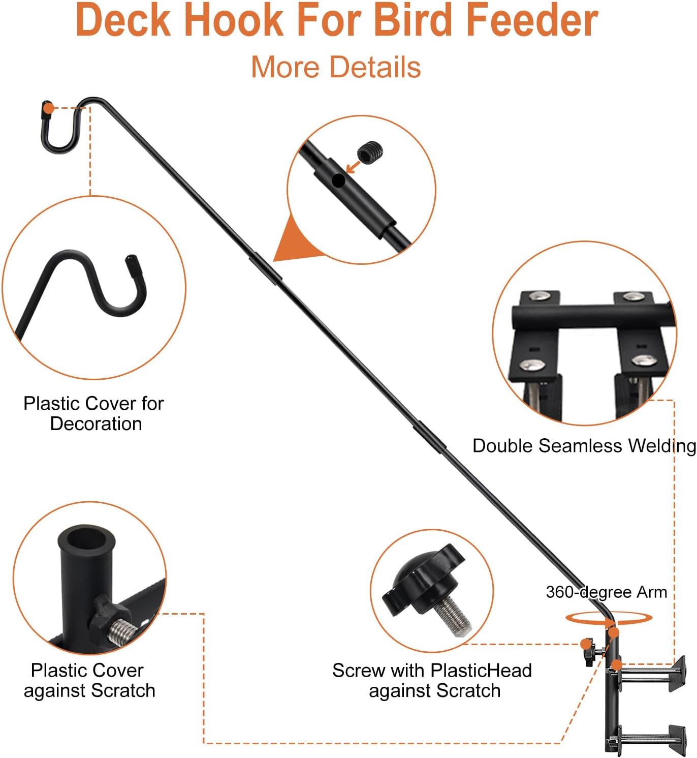 Heavy Duty Deck Hook-Deck Railing Plant Hanger, 29 to 43 Inch Extended Bird Feeder Hanger W/Double Clamps,Versatile Deck Shepherd Hook for Hanging Bird Feeders,Lanterns,Planters etc.