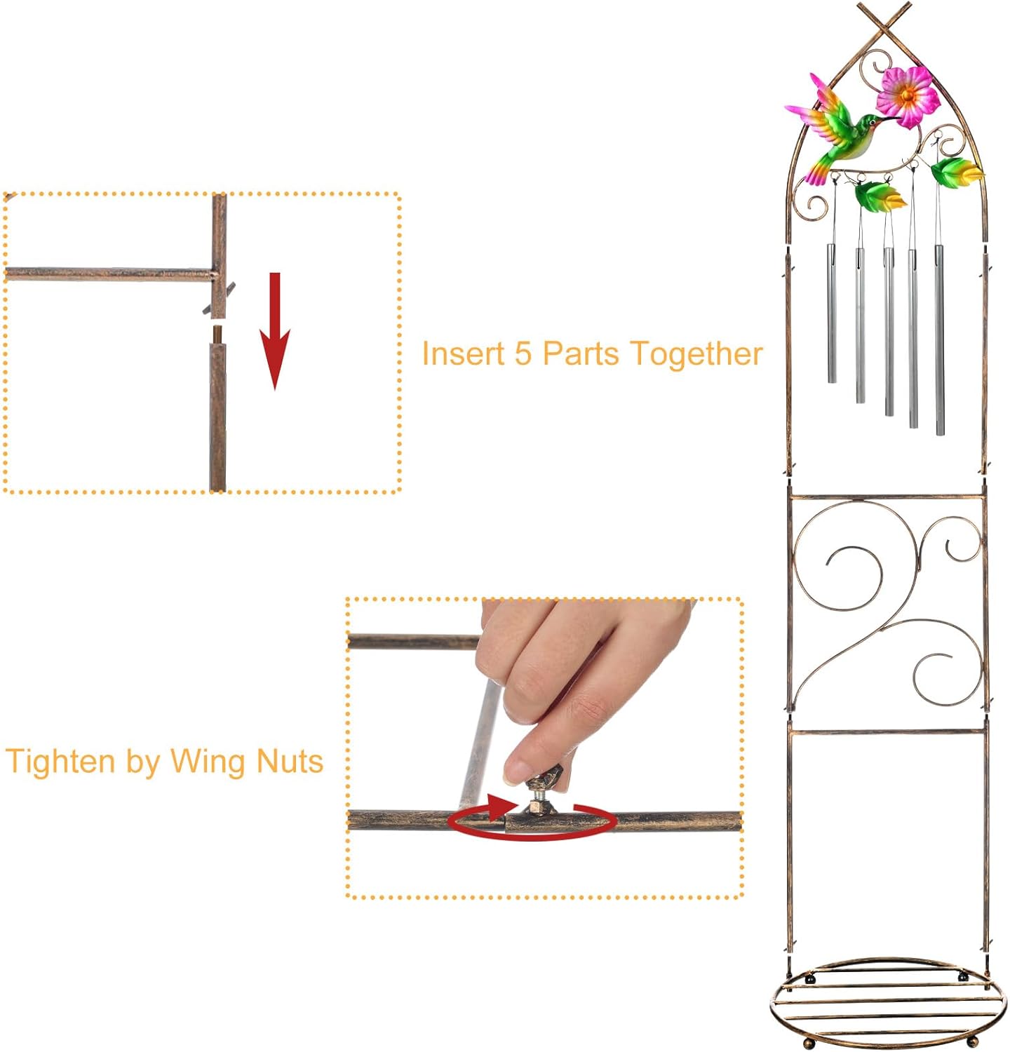 Garden Trellis with Plant Stands, 48” Metal Detachable Hummingbird Plant Pot Trellis with Wind Chimes for Climbing Plants Outdoor Lawn Patio Porches Decor