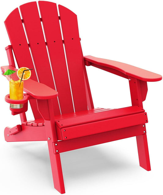 GREENVINES Folding-Adirondack-Chair | HDPE Plastic | Fire Pit Chairs | All Weather | Cup Holder | Red | for Deck Backyard Patio Outdoor Garden