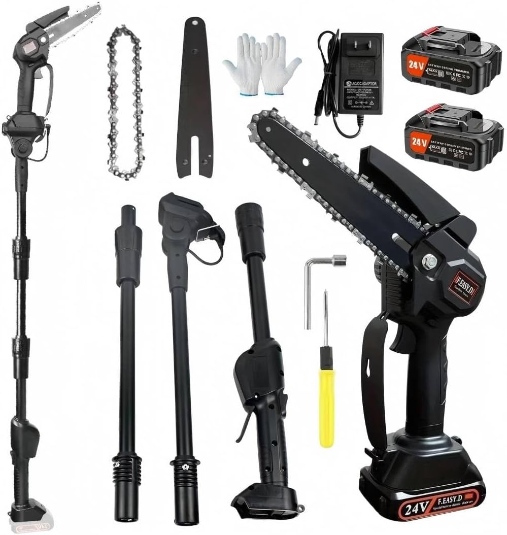 High Branch Chainsaw. 6-inch Brushless Lithium Pole Saw. 2 x 24V Battery and Charger. Three Telescopic rods. Lightweight Garden Pruning Tool. for Tree Pruning.