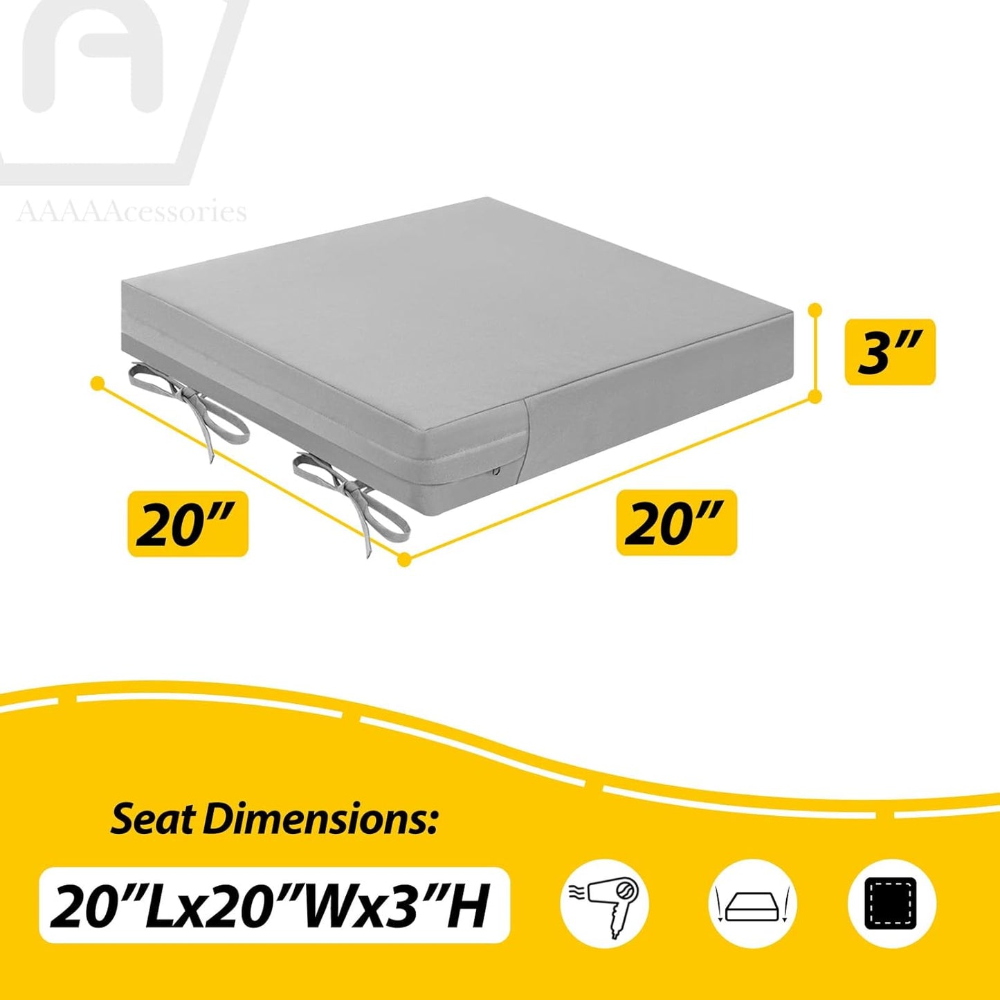 AAAAAcessories Outdoor Seat Cushions for Chairs, Waterproof, Fade-Resistant Patio Furniture Replacement Cushions, 20" x 20" x 3", Set of 2, Gray