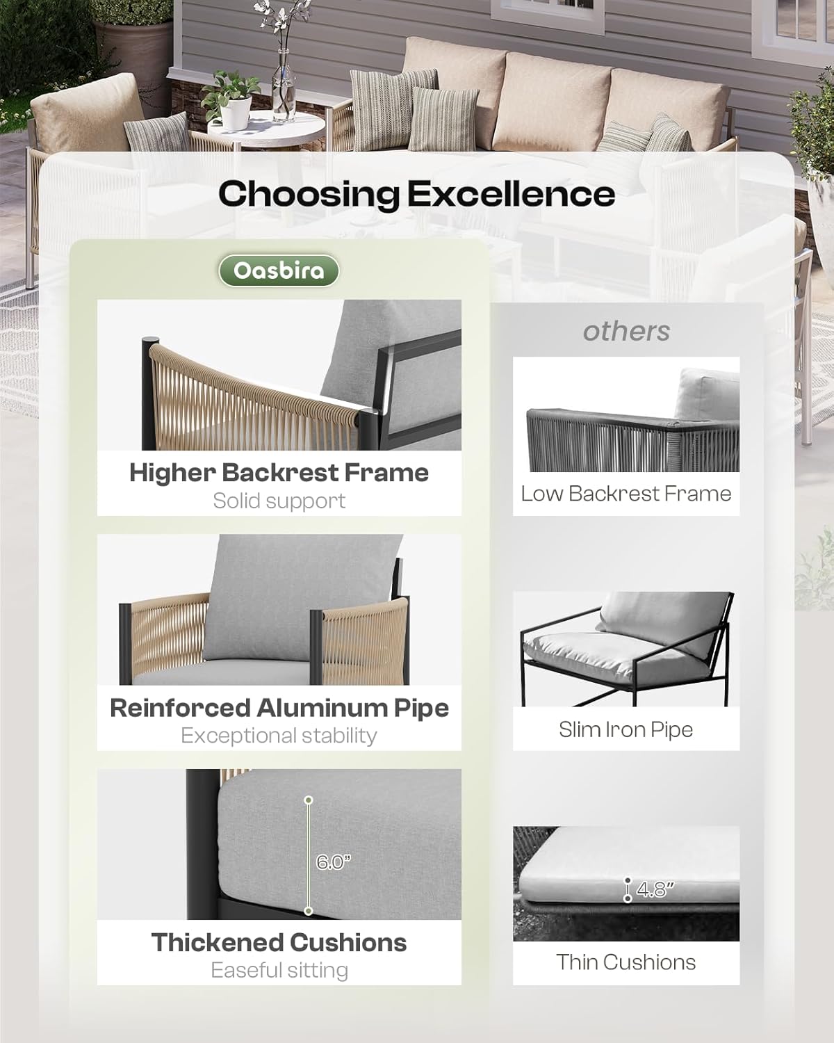 Aluminum Outdoor Sofa Armchair, HDPE Rope Patio Couch with Washable Thick Cushion, All-Weather Outdoor Patio Chairs Set of 2 for Balcony, Yard, Gray Frame, Gray