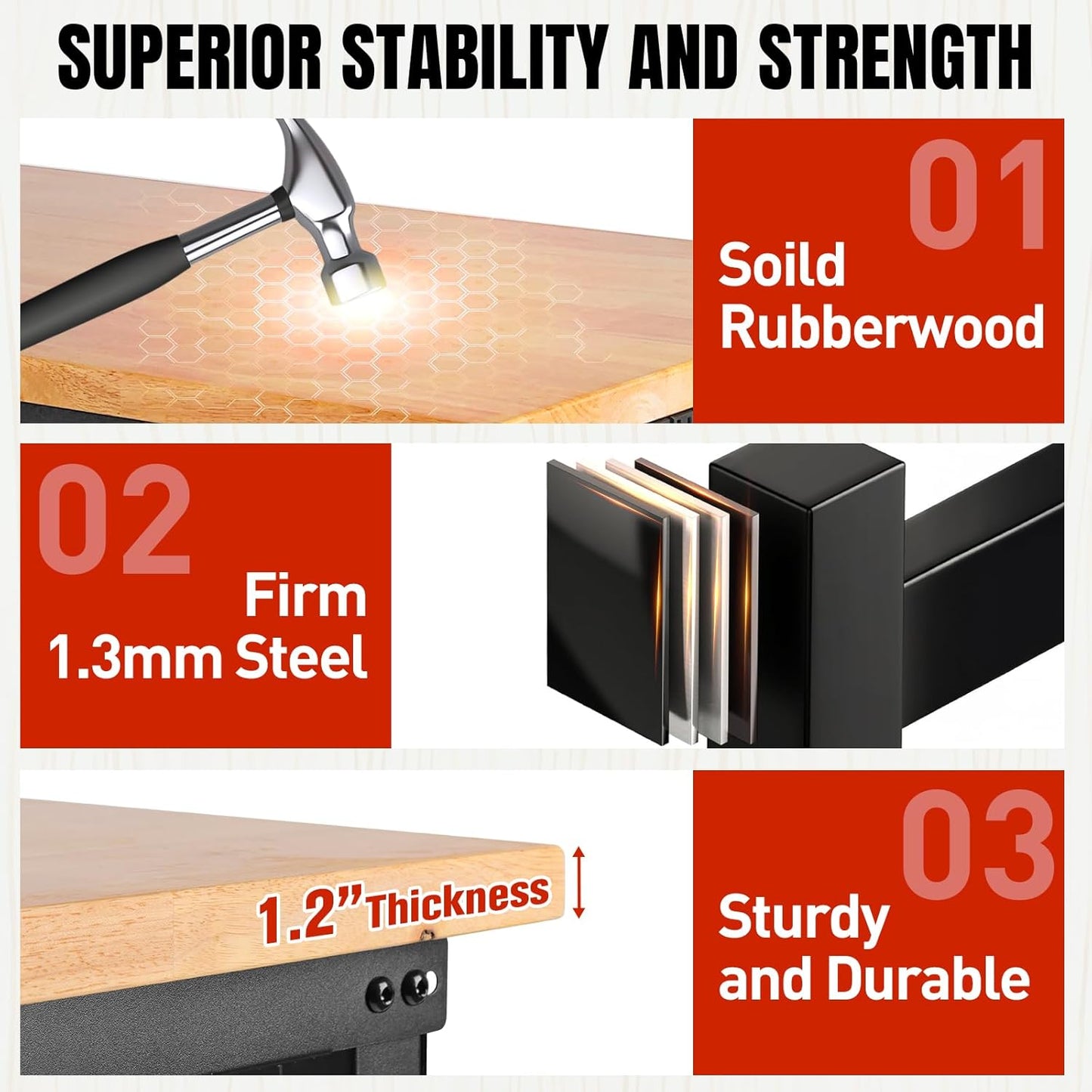 Height Adjustable Workbench with Wheels 60”×22” Heavy Duty Work Table 2000 LBS Capacity Rolling Work Table Rubber Wood Work Station with Power Outlet & Pegboard for Garage, Office, Workshop