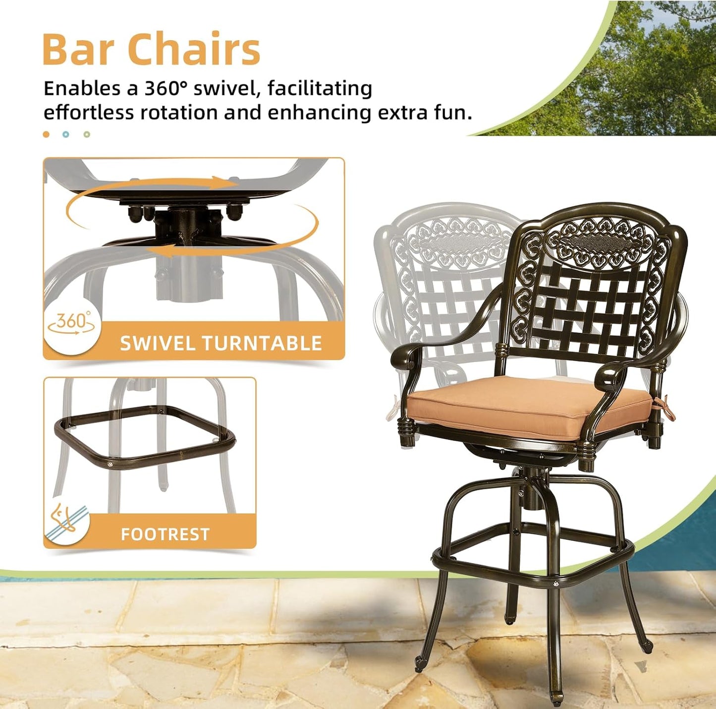5 Pieces Patio Swivel Bar Set, Patio Bar Table and Chairs Set, All-Weather Cast Aluminum Outdoor Swivel Bar Stools of 4 and 35.4" Square Bar Table, High Top Bistro Set for Deck, Pool, Garden