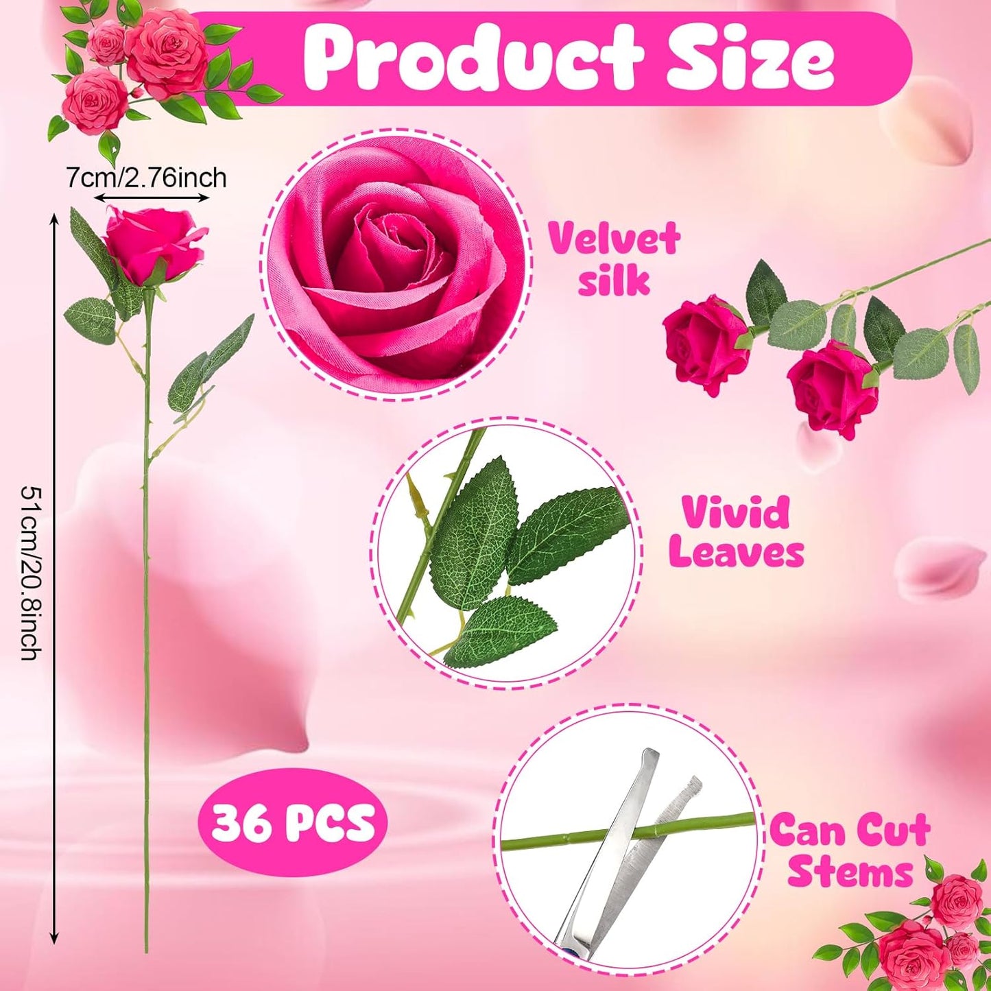 36 Pcs Hot Pink Artificial Roses with Long Stems, Fake Silk Rose Artificial Flowers Bulk for Bridal Wedding Bouquet Centerpiece Ball Arrangement Party Decor
