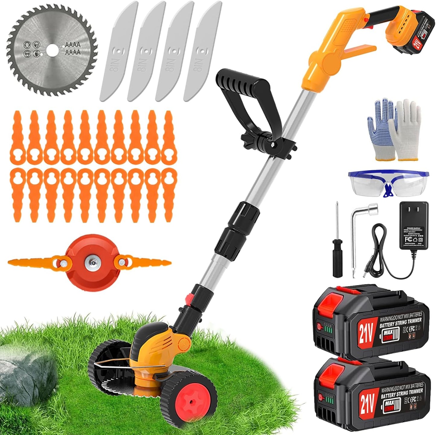 Electric Weed Wacker Cordless Eater, Battery Powered No String Grass Trimmer with 2 21V/4Ah Battery Operated&3 Types Blade&Wheels, Lightweight Weed Trimmer/Edger Lawn Tool for Garden Yard - Orange