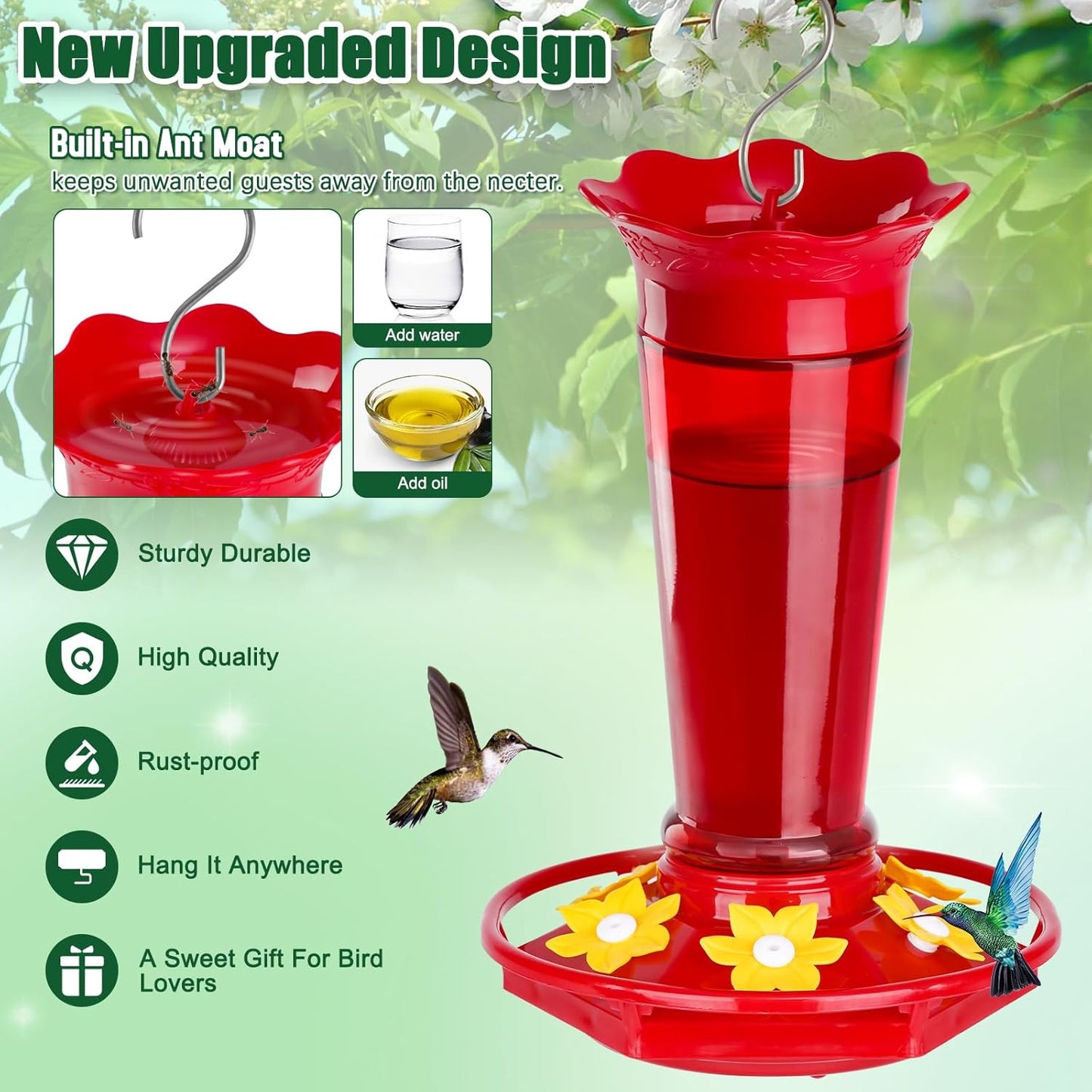 Glass Hummingbird Feeders for Outdoors Hanging Ant and Bee Proof Red 10 OZ Bird Feeders for Outside Hanging 6 Feeding Stations Bird Nectar Feeder for Garden Yard Décor Gifts for Mom